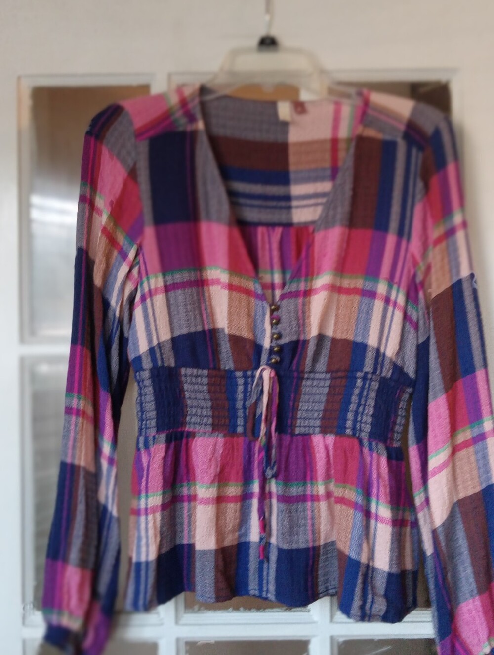 Anthropologie Pilcro Plaid Smocked Deep V Blouse XS